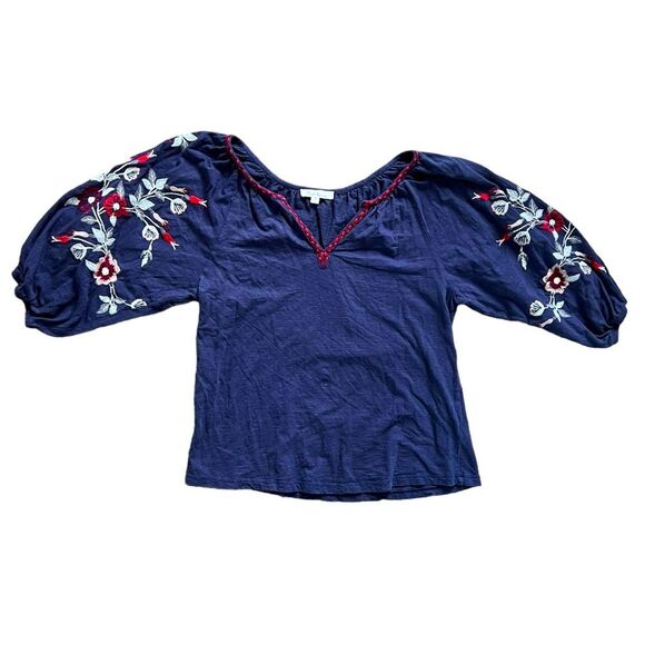 Solitaire Embroidered Blue Red Floral Balloon Sleeve V-Neck Knit Blouse size Med - Picture 1 of 9
